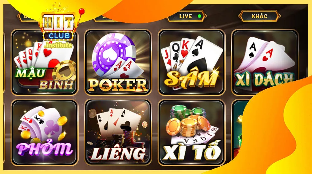 Hình ảnh minh họa các trò chơi như poker, slot, và cá cược thể thao trên nền tảng Hitclub