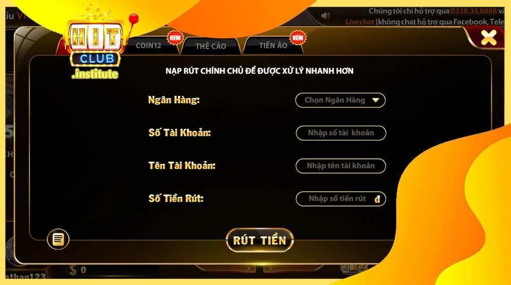 Các phương thức rút tiền tại Hit Club: Tiền ảo, ngân hàng, thẻ cào